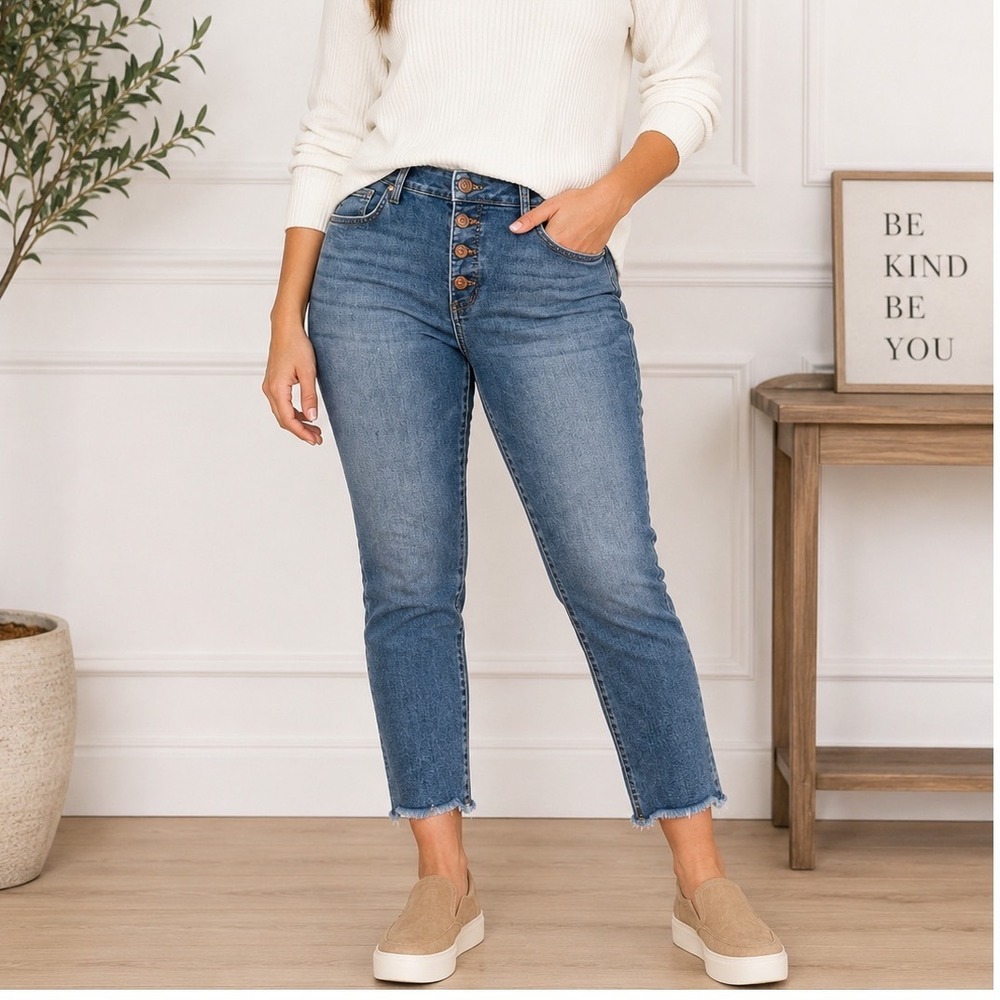 Lauren Conrad LC Size 14 Petite High Rise Button Fly Crop Skinny Jeans Blue Wash